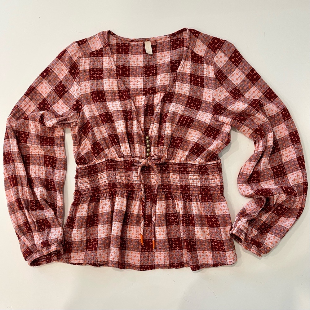 Anthropologie Red Plaid Long-Sleeve Smocked Waist Blouse - Picture 3 of 9